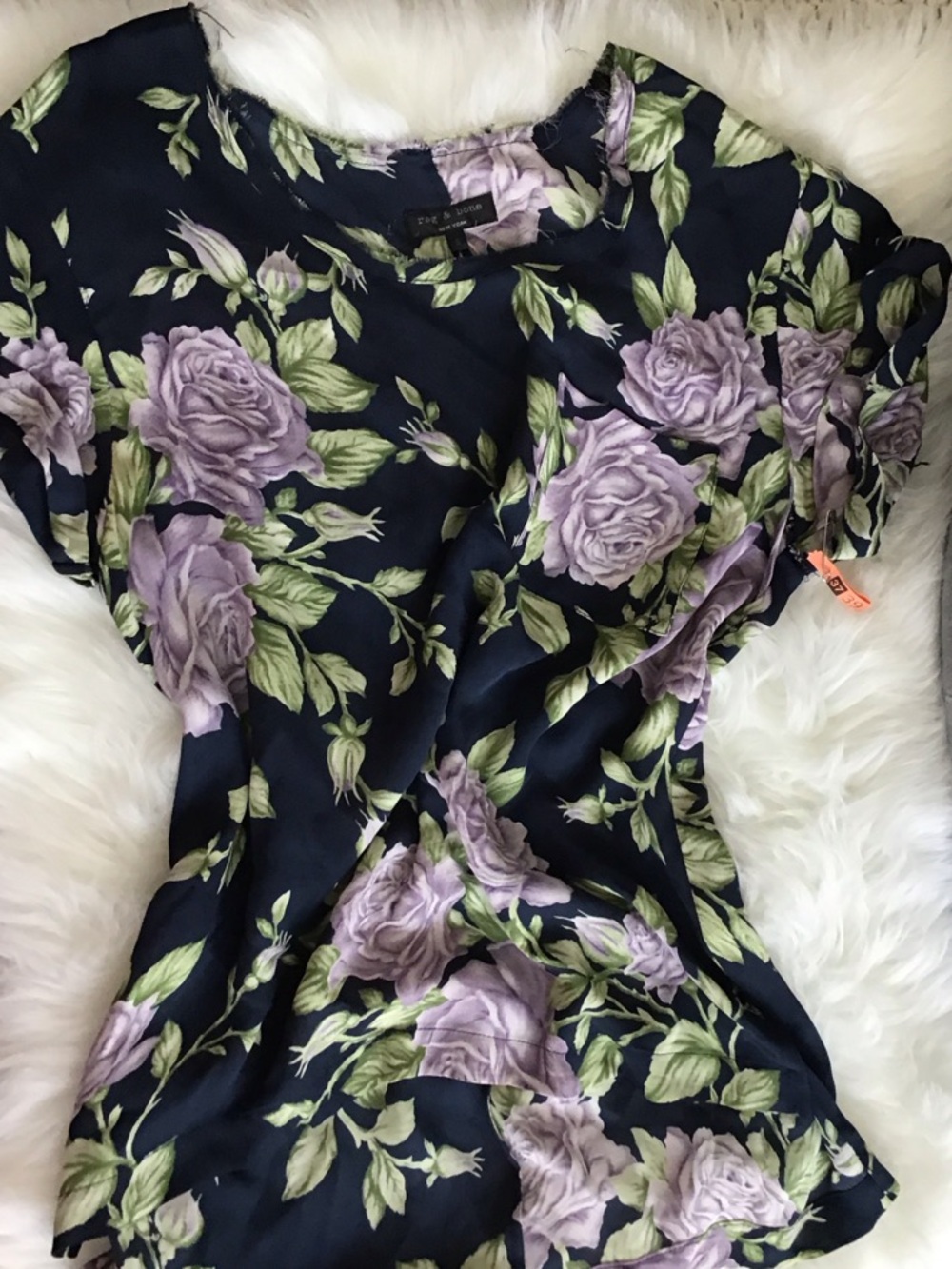 rag & bone Navy Floral Silk Blouse with Lavender Roses
